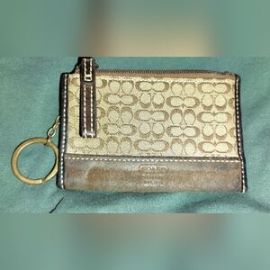Coach Beige and Brown Signature Wallet with Keychain